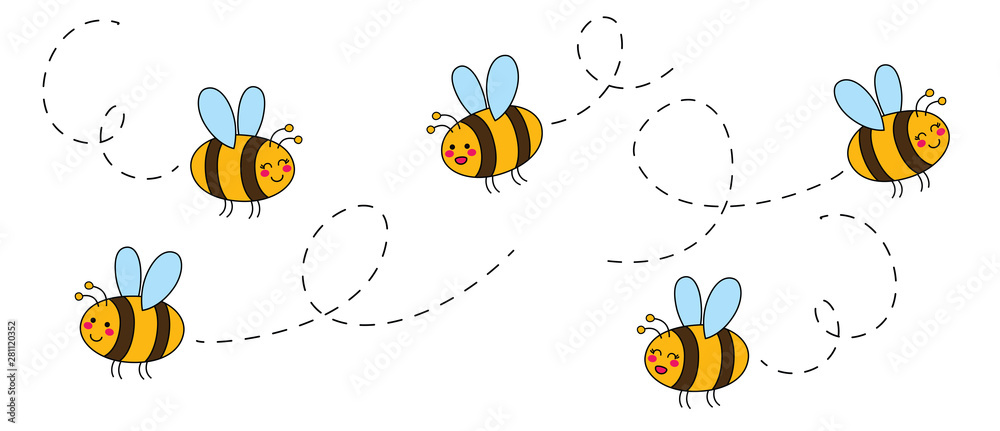 Cut set of cartoon bees hand drawn childish. Vector illustration. - obrazy, fototapety, plakaty 