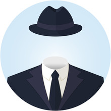 Anonymous Or Invisible Man In A Suit And In A Hat. Flat Style Vector Round Avatar Illustration Icon Isolated On White.