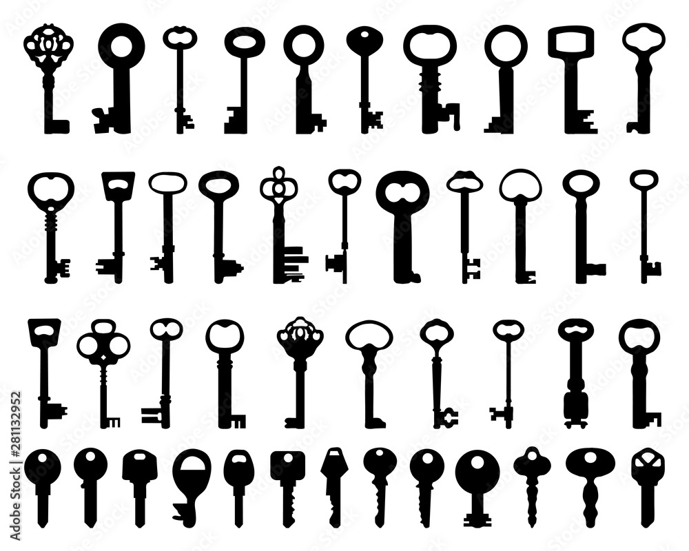 Set of black silhouettes of door keys on a white background Stock ...