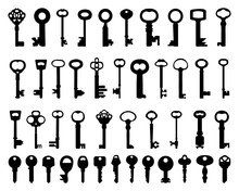Set Of Black Silhouettes Of Door  Keys On A White Background