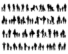 Black Silhouettes Of Families In Walking On A White Background