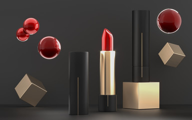 Makeup ads template, fashion lipstick cosmetics make up beauty product. Charming red lipstick mock up with black and gold background. Trendy cosmetic design. 3D illustration