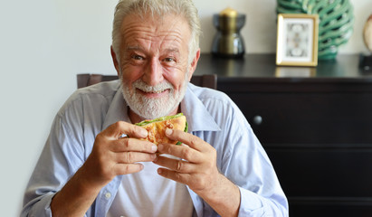 happy caucasian elderly eating hamburger in living room with smiling face