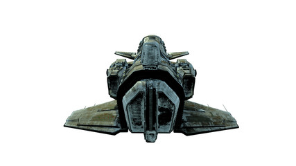Wall Mural - old alien spaceship, ufo spacecraft in flight isolated on white background, back view, 3d rendering