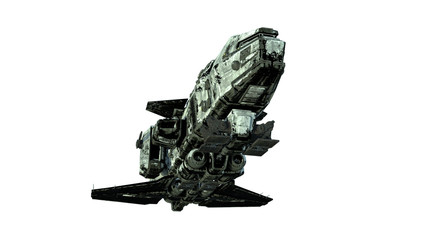 Wall Mural - old alien spaceship, ufo spacecraft in flight isolated on white background, bottom view, 3d renderin
