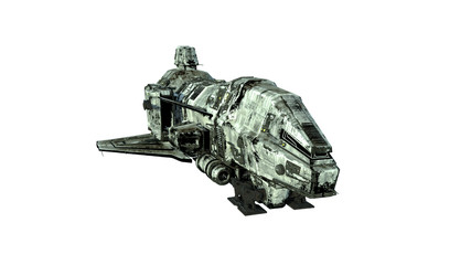 Wall Mural - old alien spaceship, ufo spacecraft in flight isolated on white background, front view, 3d rendering