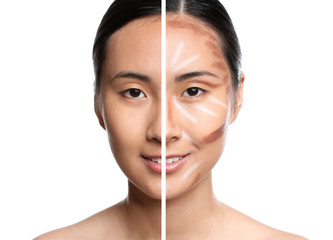 Poster - Face of Asian woman with and without contouring makeup on white background