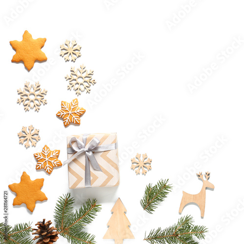 Christmas decor, gift box and cookies on white background