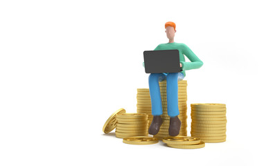 A man siting on a peil of coins. Earning, saving and investing money concept.  3d rendering,conceptual image.