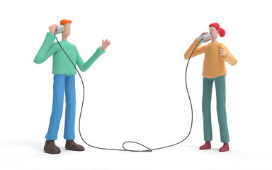 two man communicating to each other using tin can phone. communication and technology concept. 3d re