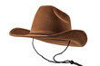 Rodeo horse rider, wild west culture, Americana and american country music concept theme with a brown leather cowboy hat with hanging strings isolated on white background with clip path cut out