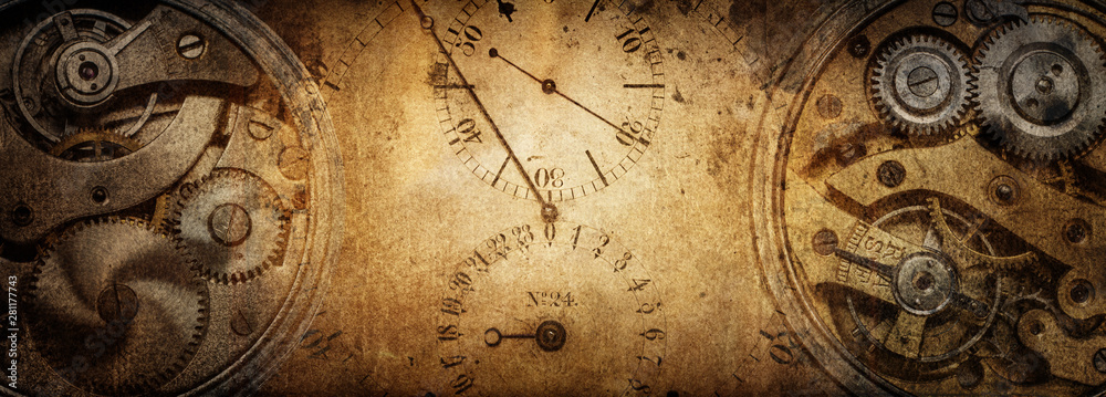 The dials of the old antique classic clocks on a vintage paper background. Concept of time, history, science, memory, information. Retro style. Vintage clockwork background. - obrazy, fototapety, plakaty 