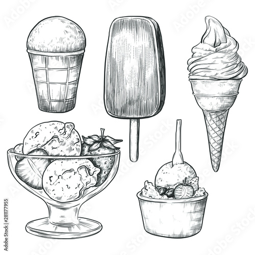 Sketch Ink Graphic Ice Cream Set Illustration Draft Silhouette Drawing Black On White Line Art Delicious Vintage Etching Food Design Buy This Stock Vector And Explore Similar Vectors At Adobe Stock