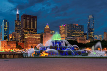 Beautiful Buckingham Fountain At Night In Chicago, Illinois, USA.