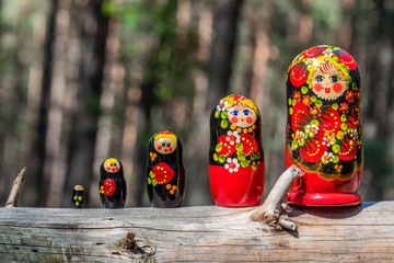 Wall Mural - Russian Nesting Doll on a Log in a Forest on a Sunny Day