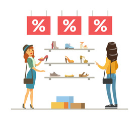 Wall Mural - Women Choosing and Buying Shoes in Store, Girl Shopping in Mall Vector Illustration