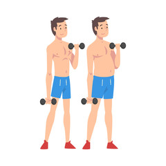 Poster - Male Athlete Exercising with Dumbbells, Guy Before and After Weight Loss, Male Body Changing Through Healthy Nutrition or Sports Vector Illustration