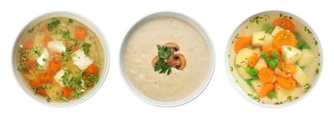 Set of different fresh homemade soups on white background, top view. Banner design