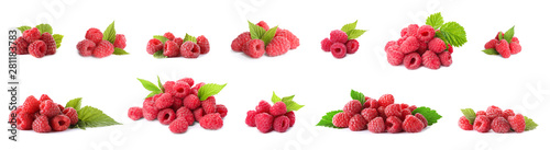 Fotomural Set of fresh sweet raspberries on white background. Banner design