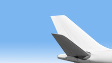 Modern Airplane For Air Travel With Plane Tail Parts Isolated On Blue Sky Background Closeup Crop Side View Of Commercial Passenger Jet Aircraft For Business Trip Flying Wide Copy Space Design Mockup