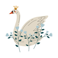 Poster - Beautiful White Swan Princess with Golden Crown and Flowers, Lovely Fairytale Bird Vector Illustration