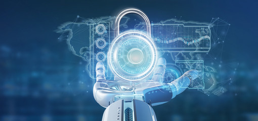 Poster - Cyborg hand holding a Padlock security technology interface 3d rendering