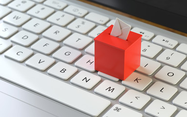 vote box on the keyboard of a latop, 3d rendering,conceptual image. web  and voting concepts.