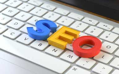 Sticker - SEO symbol  on the keyboard of a latop, 3d rendering,conceptual image. online  search concepts.