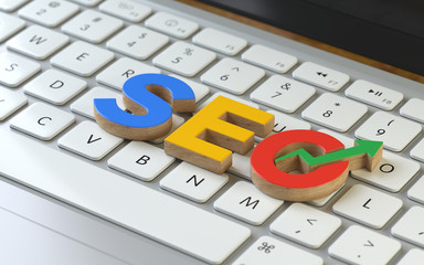 Sticker - SEO symbol  on the keyboard of a latop, 3d rendering,conceptual image. online  search concepts.