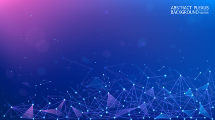 Poster - Vector. Blue-purple polygonal plexus background. Neural network. Abstract futuristic 3d image. Science and technology. Microbiology. Macro effect. Lines and points. Particle motion. Blur.