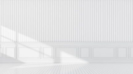 Aufkleber - 3d stimulate of white empty room and wood plank floor with sun light cast shadow on the wall,perspec
