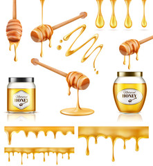 Poster - Honey,  drop, seamless pattern. Set vector elements.