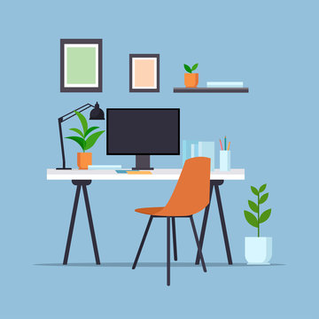 creative workplace with computer monitor empty no people cabinet modern office furniture flat