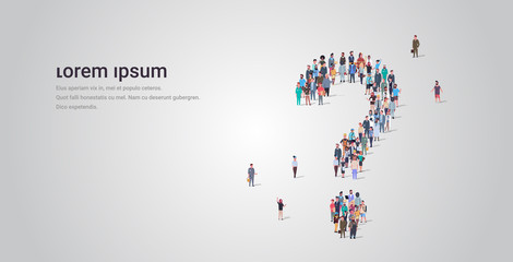 Poster - big people crowd standing together in shape of question mark sign different occupation employees group pondering problem concept full length horizontal copy space