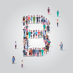 Poster - big people crowd forming shape letter B different occupation employees group standing together English alphabet concept full length