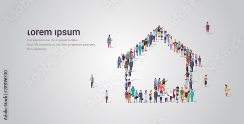 Fotomural people crowd gathering in home icon shape social media community house building