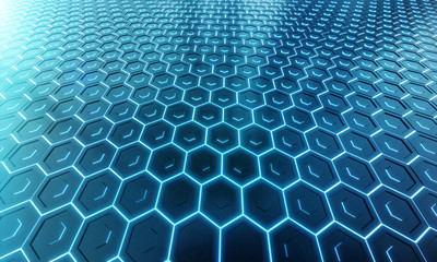 Glowing black and blue hexagons background pattern on silver metal surface 3D rendering