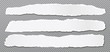 Piece of torn, white realistic horizontal paper strips with soft shadow are on grey squared background. Vector illustration