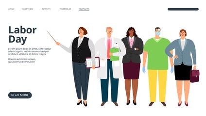 Labor day landing page. Different profession people vector characters