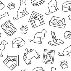 Pet shop vector seamless pattern with flat line icons of dog house, cat food, food bowl, puppy toys, animal paw. Black white color background, wallpaper for veterinary clinic