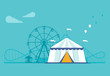 The amusement park elements set in the flat style. Circus, carousel, ferris wheel, roller coaster