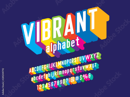 Colorful stylized alphabet design with uppercase, lowercase, numbers and symbols
