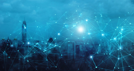 Poster - Modern city with wireless network connection concept. Social media, innovation and technology. Abstract futuristic on dark blue background.