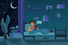 Man Texting At Night Flat Vector Illustration. Guy In Bed, Sending Messages, Chatting Online Drawing. Evening Room Interior Design. Smiling Male Cartoon Character Using Tablet, Cat Sleeping