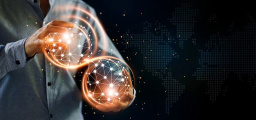 Fototapete - Man and abstract global networking connection in hands. Technology and internet communication. Data exchange.