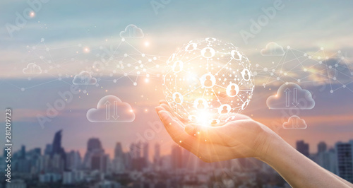 Cuadros en Lienzo Hands of business holding global structure networking and data exchanges custome