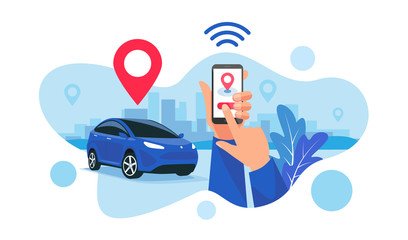  Vector illustration of autonomous wireless parking remote connected car sharing service controlled via smartphone app. Hands holding phone location mark of smart electric car in modern city skyline.
