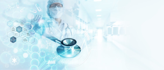 Wall Mural - stethoscope, medicine doctor analysis dna, brain and digital healthcare on network connection on hol