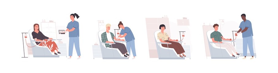 Wall Mural - Collection of cute funny men and women sitting in chairs and donating blood and doctors collecting it. Bundle of smiling male and female donors at medical center. Flat cartoon vector illustration.