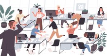 Unorganized Office With Lazy And Unmotivated Workers. Concept Of Difficulties And Problems With Organization At Work, Chaos, Mess And Disorder At Workplace. Flat Cartoon Colorful Vector Illustration.
